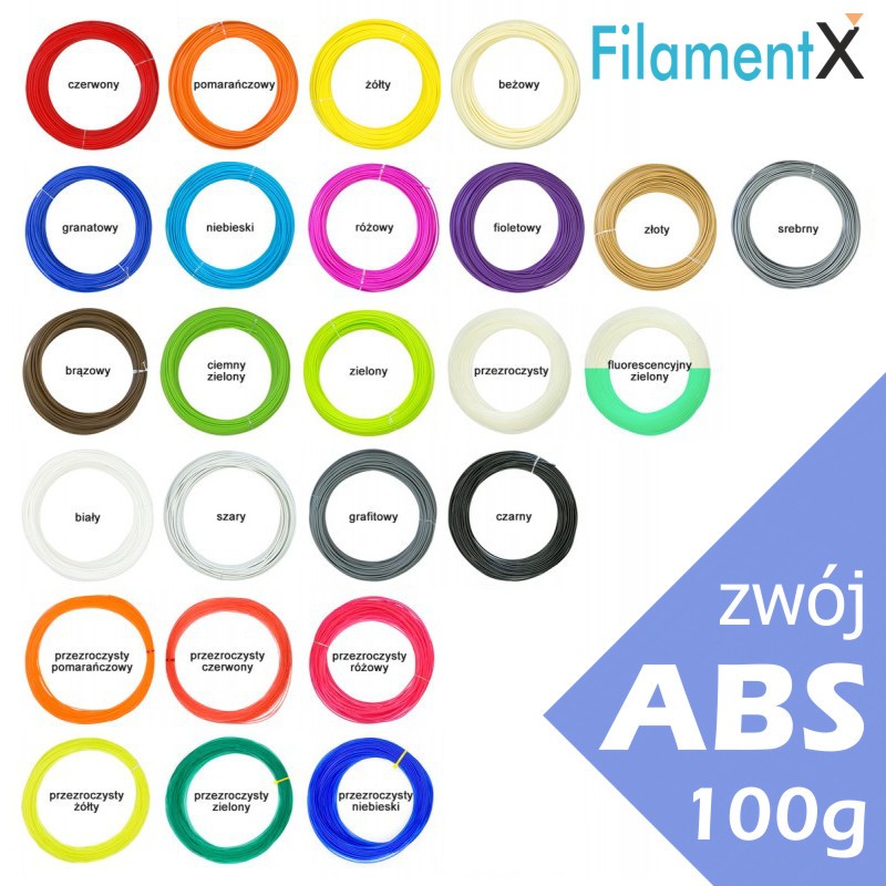 100g Filamentu ABS o grubości 1,75mm (40mb - różne kolory)