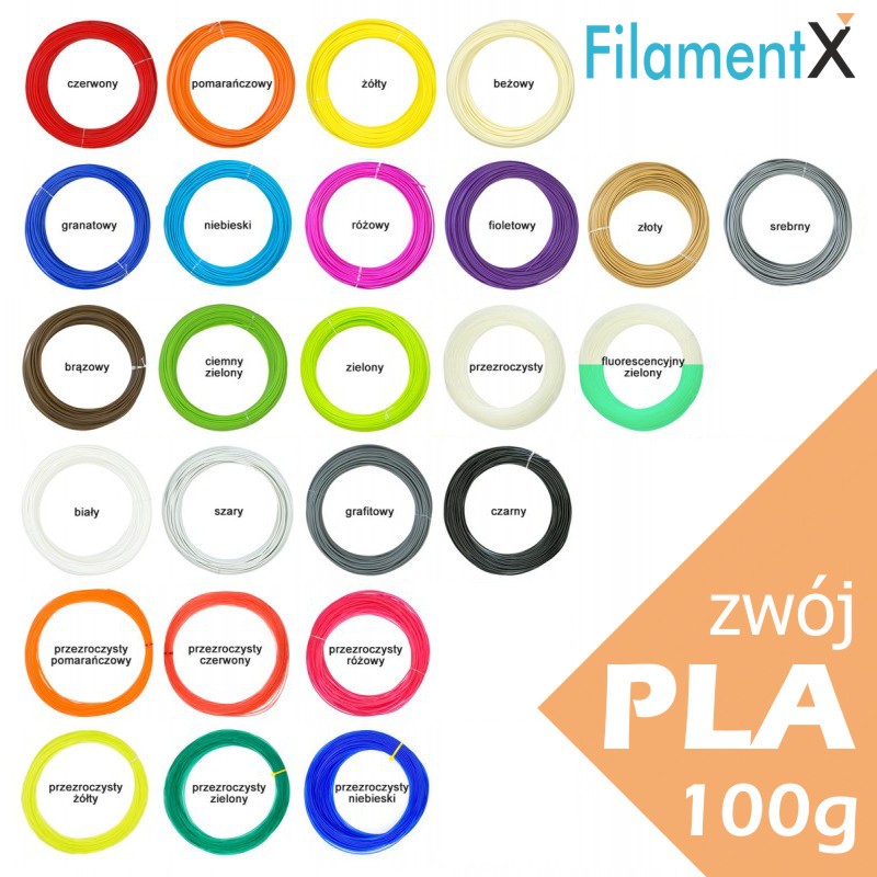 100g Filamentu PLA o grubości 1,75mm (35mb - różne kolory do wyboru)